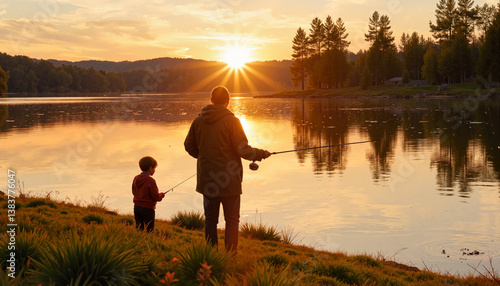 Father and son fishing at sunrise by a peaceful lake, bonding tradition
