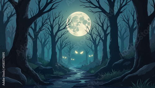 Eerie full moon illuminating creepy forest path, Halloween mystery