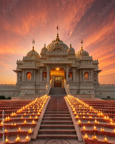 Sacred Illumination A Majestic Hindu Temple Aglow with Diyas Beneath a Divine Twilight Sky