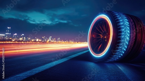 Futuristic car tires illuminated with vibrant colors on a road