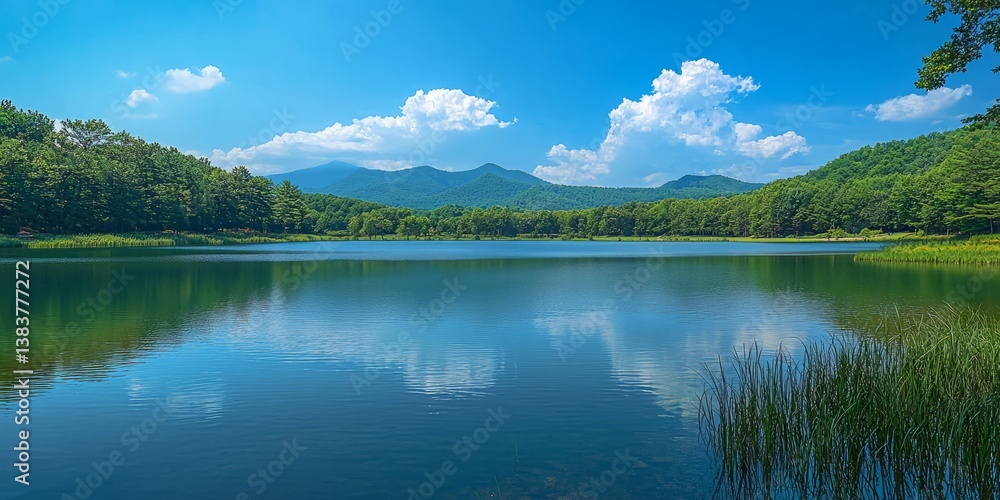 Fototapeta premium Tranquil Lake with Blue Sky and Reflection of Mountains and Clouds