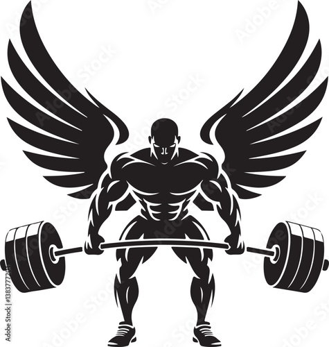 Muscular bodybuilder silhouette stylized wings, lifting heavy barbell vector