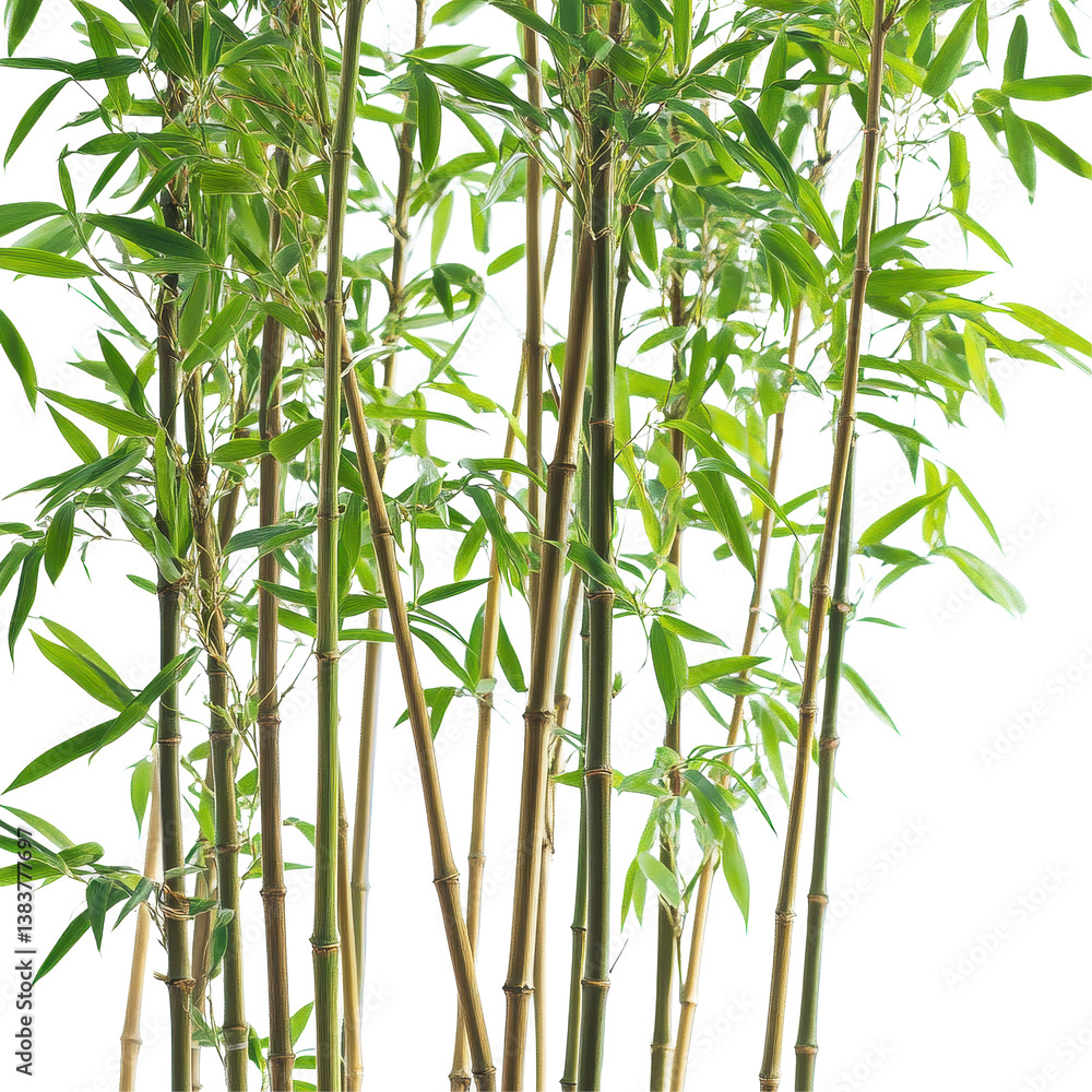 Naklejka premium Closeup view of lush bamboo bushes showcasing vibrant green leaves on a bright Transparent background, Closeup view isolated bamboo bushes on PNG background