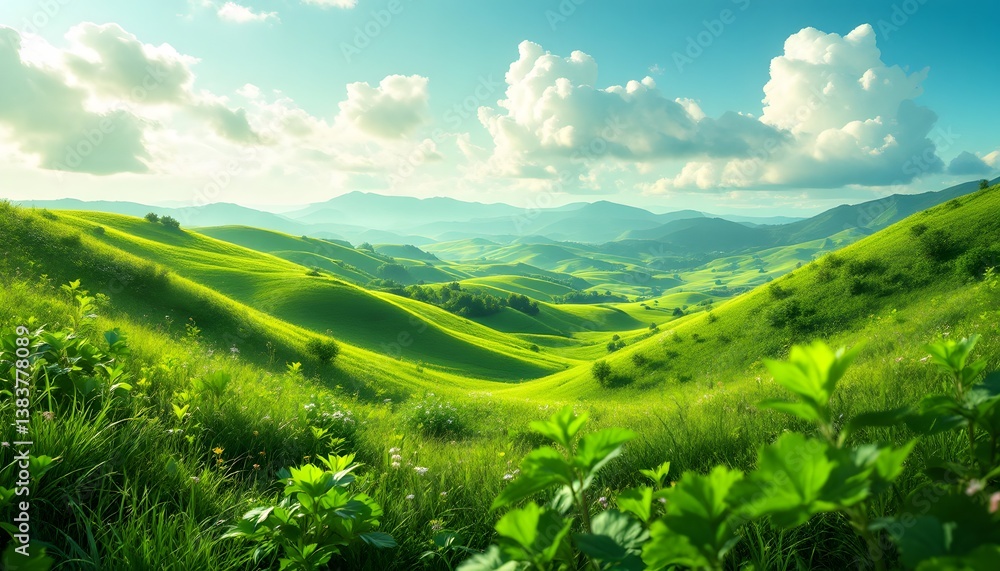 Obraz premium Lush Green Rolling Hills Landscape Under A Bright Sunny Sky With Fluffy Clouds