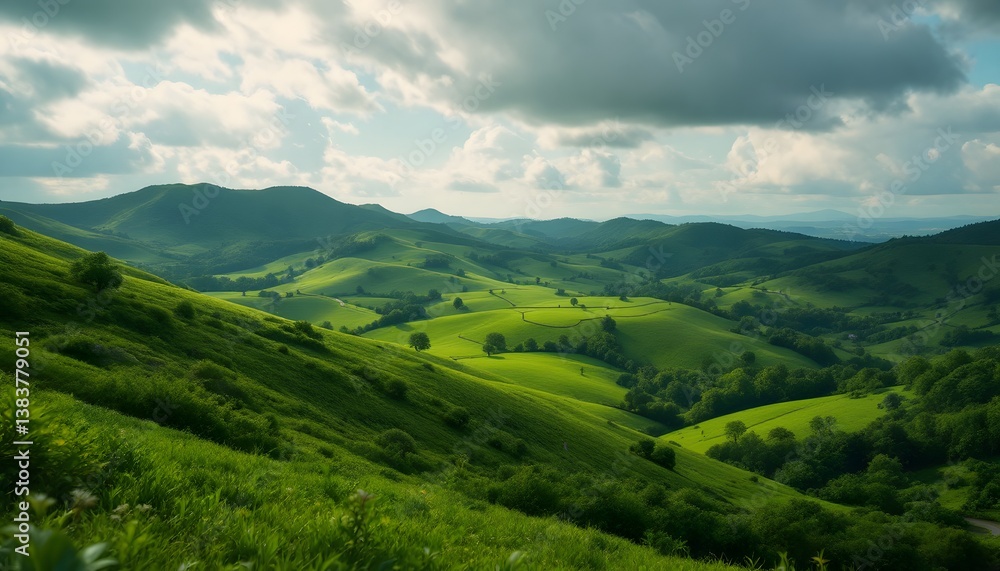 Fototapeta premium Rolling Green Hills Landscape With Cloudy Sky And Lush Grasslands Creating Serene Countryside Ambiance