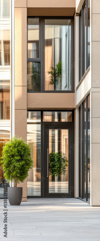 Modern building entrance with glass windows and greenery in urban setting Modern building entrance with glass windows and greenery in urban setting