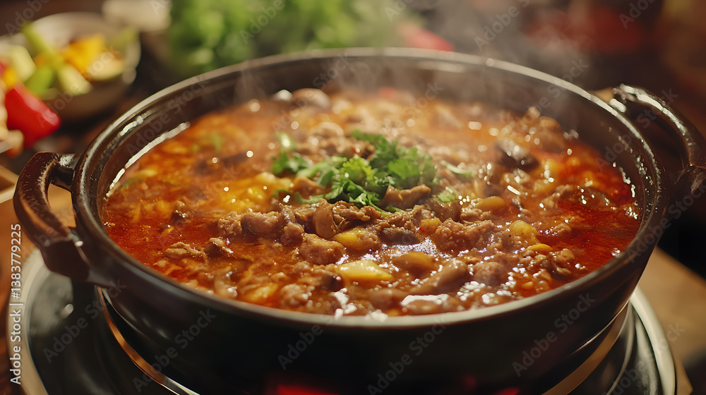 Hot pot filled with savory broth, meat, and vegetables. A comforting, flavorful meal steaming on the table, with garnish adding a touch of freshness. Hot pot filled with savory broth, meat, and vegetables. A comforting, flavorful meal steaming on the table, with garnish adding a touch of freshness.