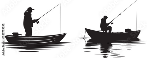 Silhouette of fisherman with  small boat fishing rod calm water hat tackle box vector illustration