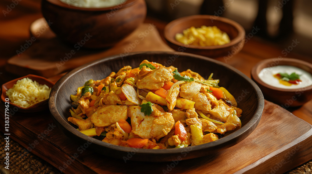 Chicken Jalfrezi With Side Dishes Served Chicken Jalfrezi With Side Dishes Served