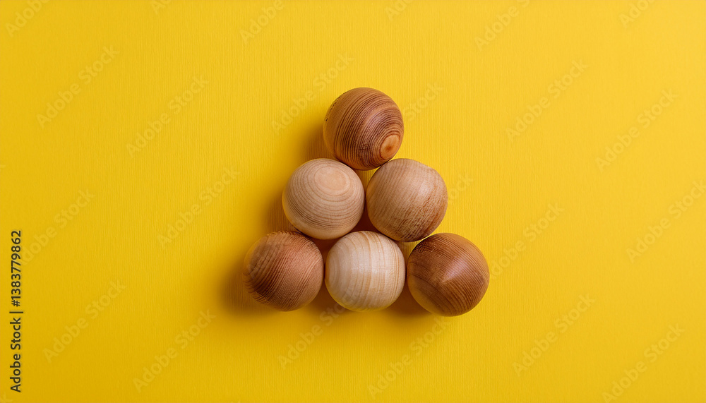 Obraz premium Wooden spheres arranged in triangular. Wood balls in pyramid shape on yellow background
