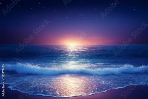 Waves gently lap at the sandy shore as a vibrant sunset paints the sky in shades of orange and purple. The tranquil ocean reflects the colorful hues at twilight.