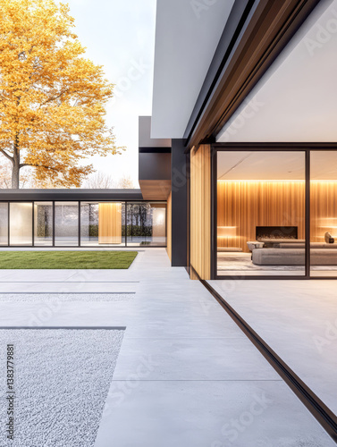 Modern architectural design showcases living space with large windows and outdoor views