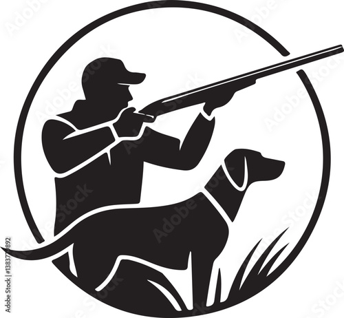 Hunter with shotgun and hunting dog silhouette. vector hunting illustration