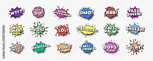 Set of comic speech bubbles with trendy phrases like OMG, WTF, LOL, SLAY, YAAAS, evokes humor, pop culture, fun. Great for memes, stickers, pop art designs. Colorful pop art vector illustration