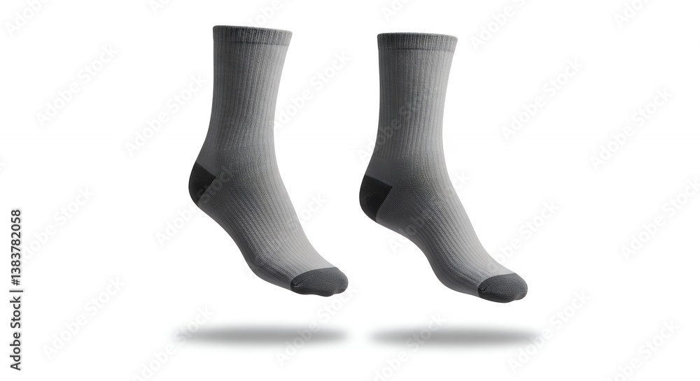 Studio shot showcasing a pair of gray ribbed socks for athletic or casual wear Studio shot showcasing a pair of gray ribbed socks for athletic or casual wear