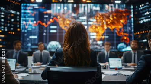 cinematic view of businesswoman leading meeting in high tech financial control room, with glowing world map and stock market data displayed on large screens