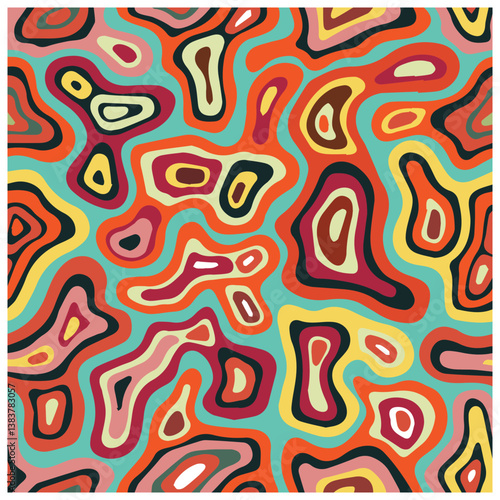 Abstract multicolored wavy pattern resembling topographic lines.

