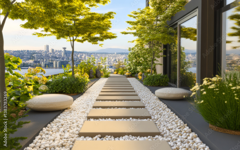 Obraz premium Scenic rooftop garden with modern pathway and city view at sunset