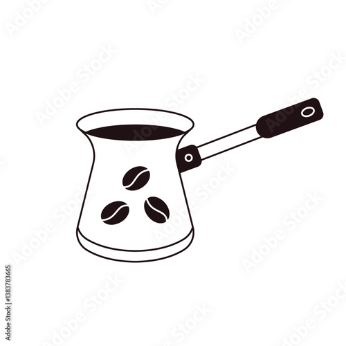 Turkish coffee cezve. Modern brewing coffee percolator pot, moka coffeemaker equipment barista tool, caffeine drink preparation methods. Vector illustration