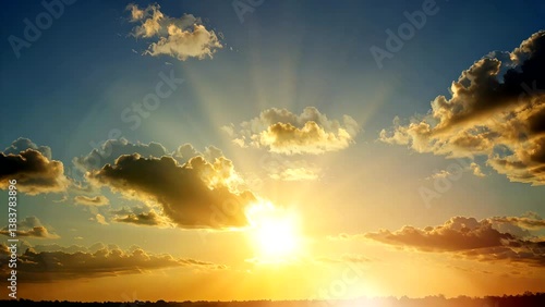 Bright golden sun rays piercing through scattered clouds in blue sky over distant horizon. Hopeful morning concept