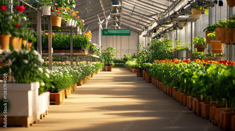 wide angle view of modern greenhouse filled with vibrant plants and flowers, showcasing organized layout with natural light streaming through glass roof, creating serene atmosphere wide angle view of modern greenhouse filled with vibrant plants and flowers, showcasing organized layout with natural light streaming through glass roof, creating serene atmosphere
