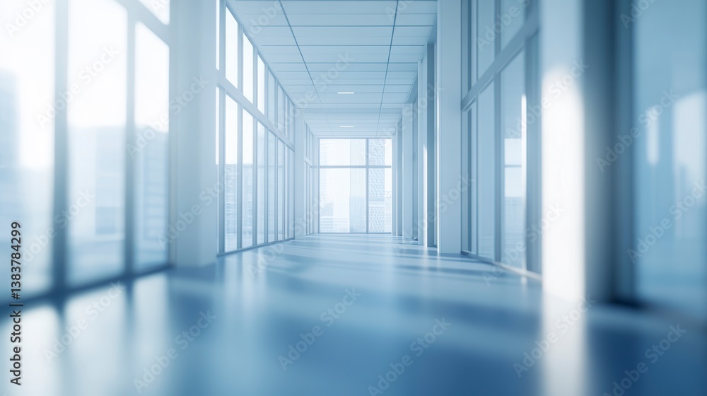 Fototapeta premium Modern office hallway with large windows and bright sunlight streaming in.