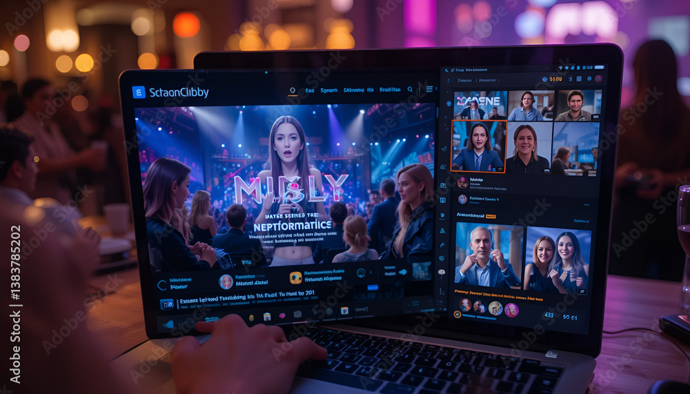 Live entertainment concept, social media platform with live streaming feature displayed on laptop screen, connecting audiences in real-time for online events Live entertainment concept, social media platform with live streaming feature displayed on laptop screen, connecting audiences in real-time for online events