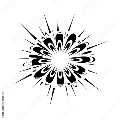 Geometric Floral Burst in Grayscale, Abstract Design