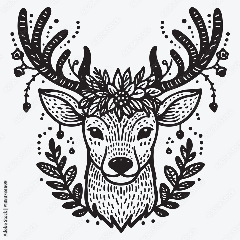 Obraz premium A Vector single clipart of a deer's face with a garland on its antlers in doodle style Vector