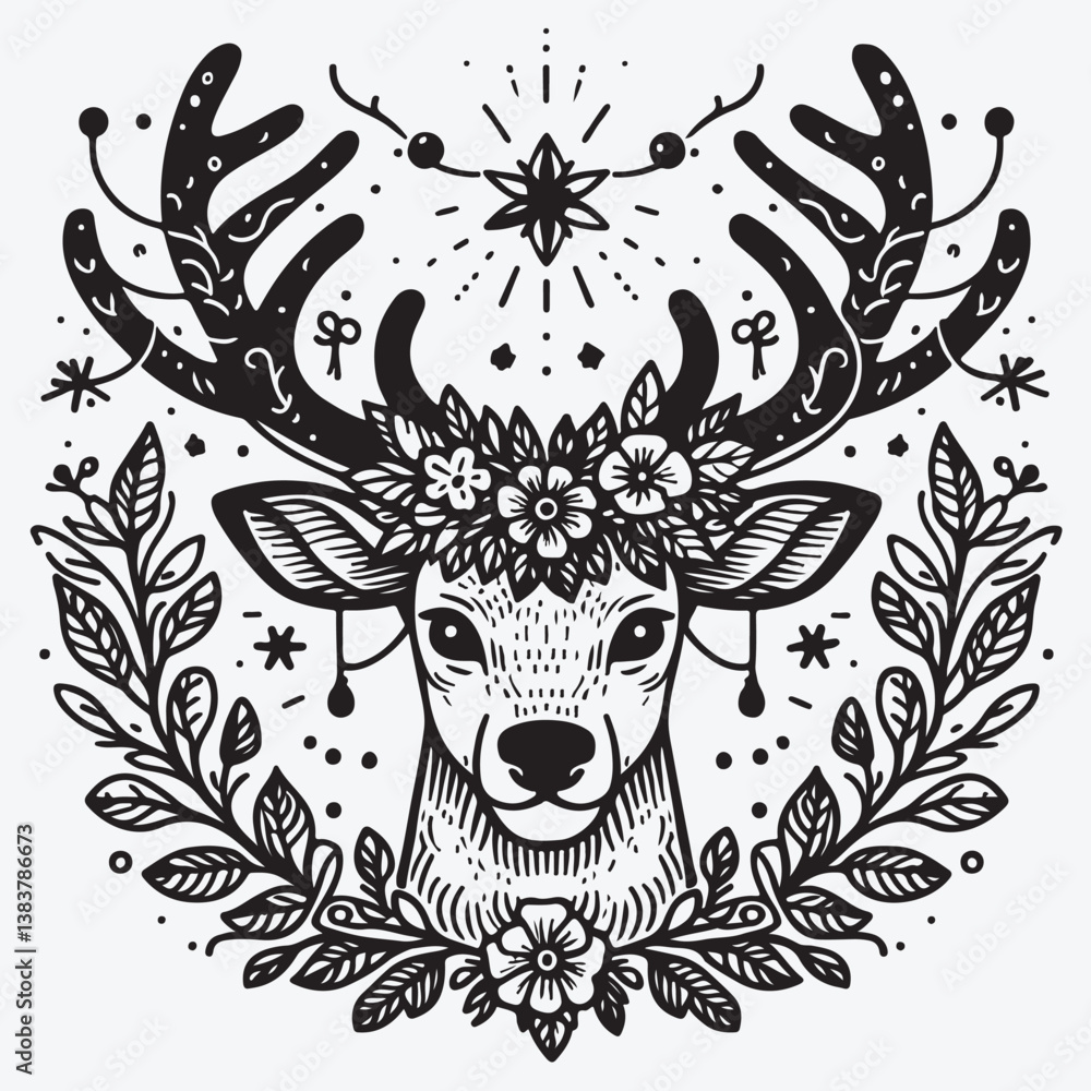 Obraz premium A Vector single clipart of a deer's face with a garland on its antlers in doodle style Vector