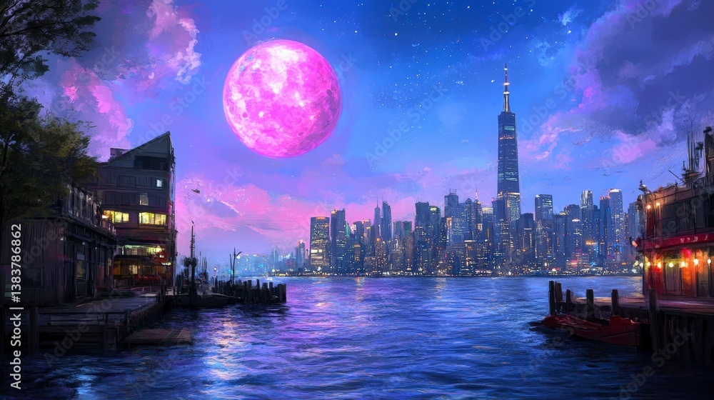 Obraz premium Surreal Nightscape with Pink Moon and City Lights