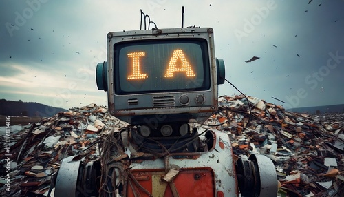 robô com IA em sua tela, no meio do lixo, conceito preservação do meio ambiente e tecnologia