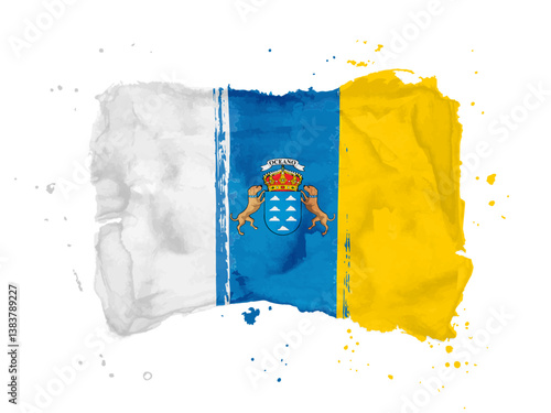 Flag of Canary Islands, brush stroke background.  Flag Canary Islands of Spain on white background. Watercolor style for your design.  EPS10.