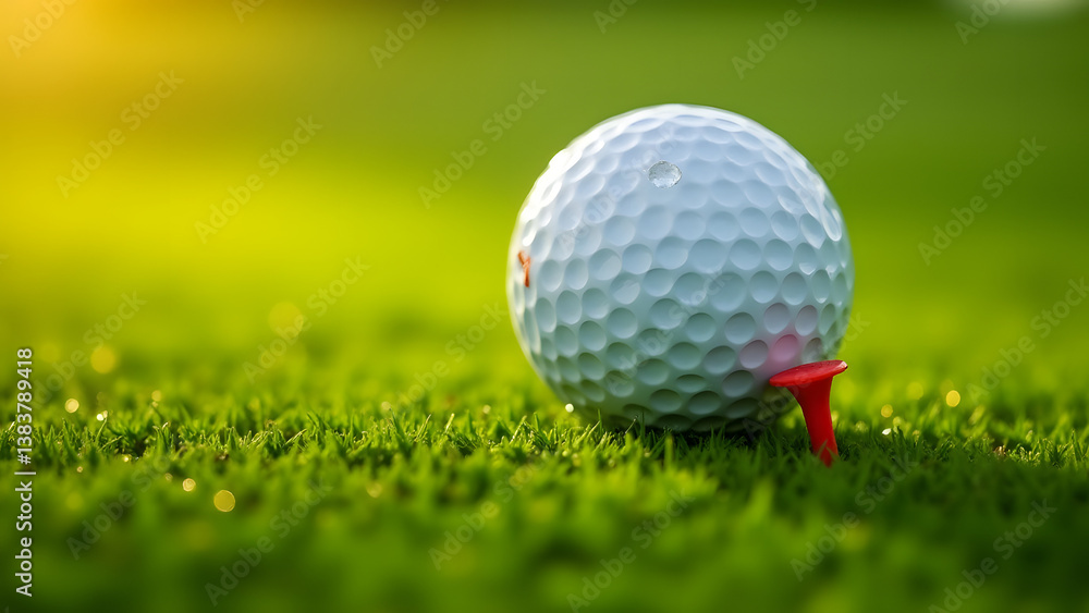White golf ball shines on perfect green with morning dew and sunlight enhancing sports detail. White golf ball shines on perfect green with morning dew and sunlight enhancing sports detail.