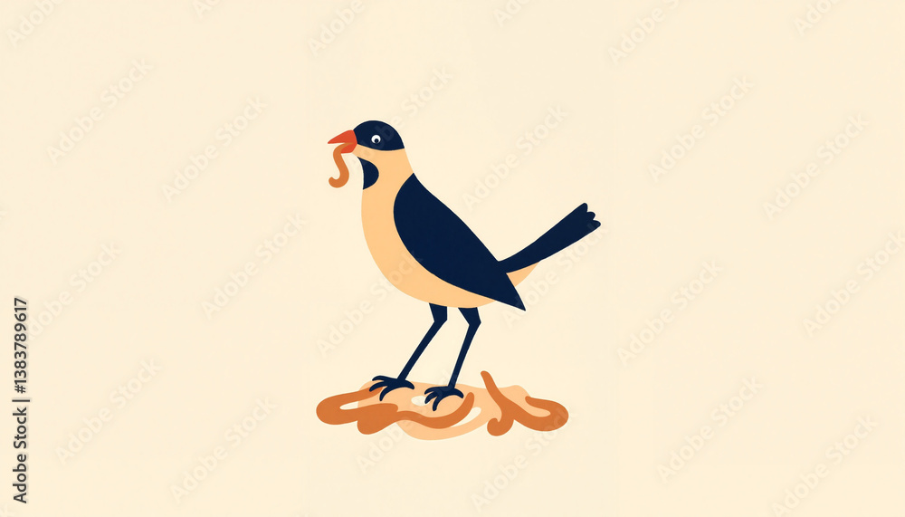 Fototapeta premium Stylized bird eating worms on monochrome background, nature symbolism