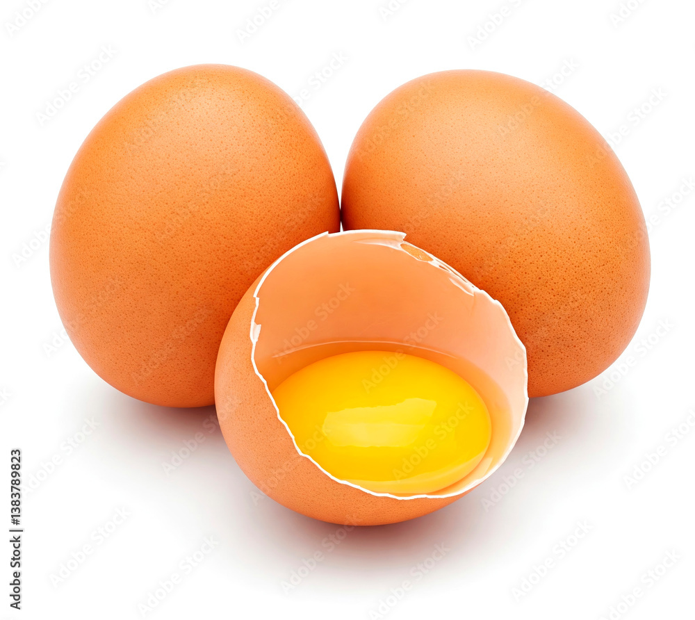 Group of brown chicken eggs and one broken open egg showing its yolk, isolated on white background Group of brown chicken eggs and one broken open egg showing its yolk, isolated on white background