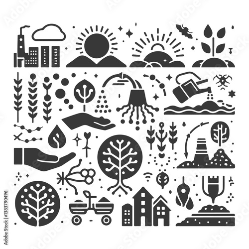 Soil health and regeneration icons, organic composting, microbial farming, land conservation, sustainable cultivation methods, vector graphics, clean modern design