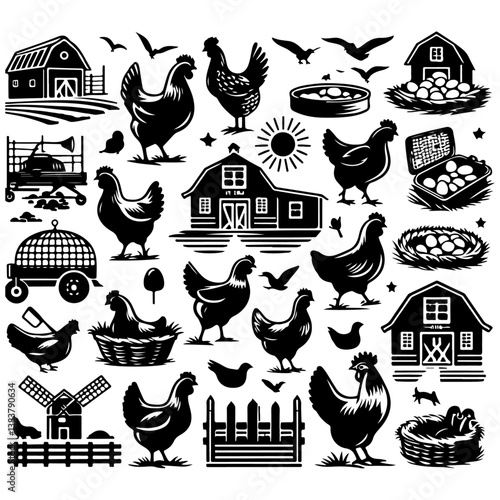Vintage cartoon set of crown icons with birds, chickens, and farm elements for Easter and spring decorations