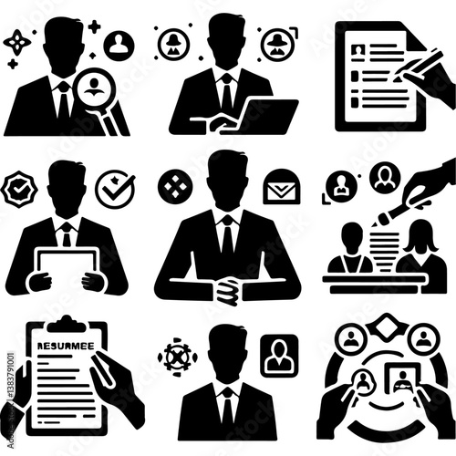 Business Icon Set with People, Team, and Management Symbols in Silhouette Style