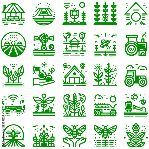 Farming icons, agriculture symbols, line art illustrations, sustainable farming, organic produce, crop yields, agricultural technology, greenhouse farming, vertical farming, irrigation, beekeeping, so