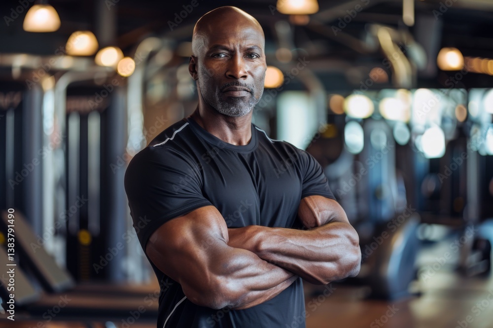 Fototapeta premium Portrait of a middle aged male African American fitness trainer in workout attire at the gym
