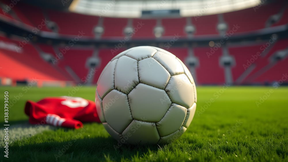 Fototapeta premium White soccer ball commands attention on field with stadium lighting enhancing sports contrast.