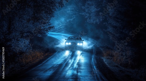 A car drives down a road at night through a misty forest