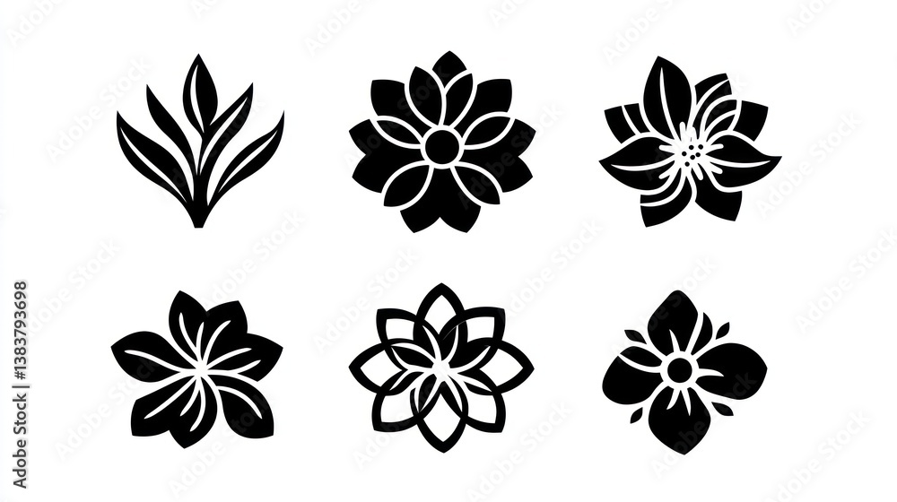 Obraz premium Six floral designs; black silhouettes on white; design elements; website or print