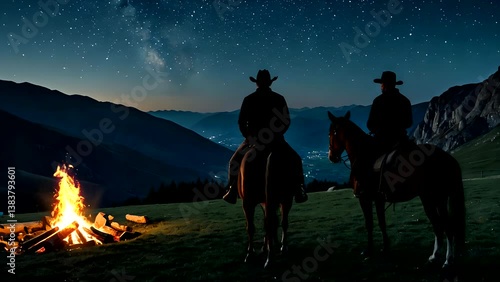 Two cowboys on horseback standing near campfire under starry night sky in mountain valley. Western night scene concept