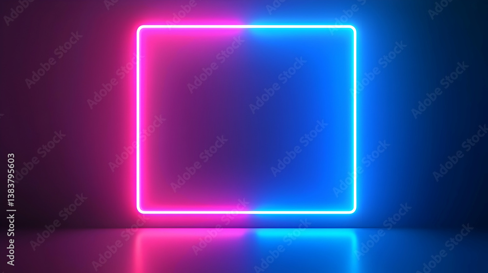 Neon Pink And Blue Square Light Design On Wall With Reflection Neon Pink And Blue Square Light Design On Wall With Reflection