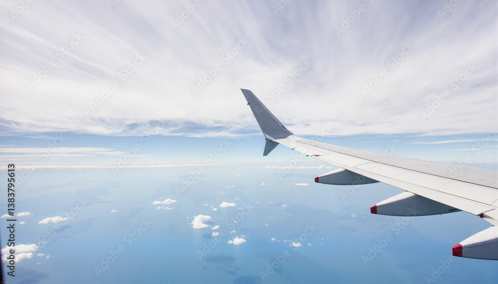 Obraz premium Streamlined airplane wing soaring through clouds, efficiency in flight