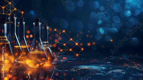 Flasks with Liquid and Glowing Molecule Structure for Science and Research