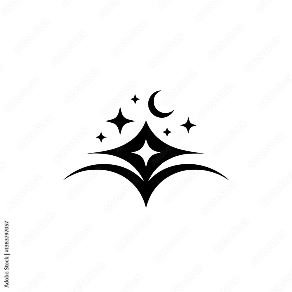 Obraz premium Minimalist Night Sky Icon: Moon & Stars in Black and White