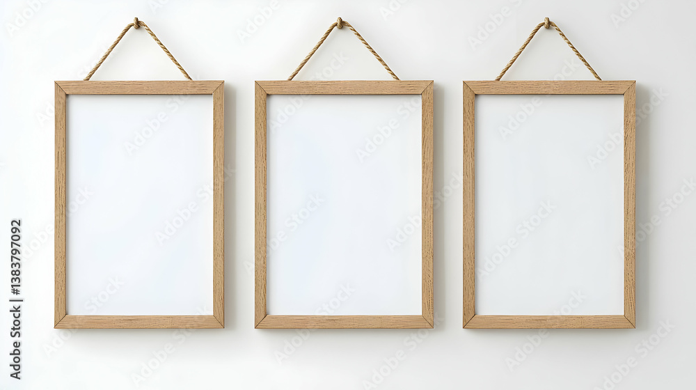 Three Empty Wooden Picture Frames Hanging On A White Wall Three Empty Wooden Picture Frames Hanging On A White Wall